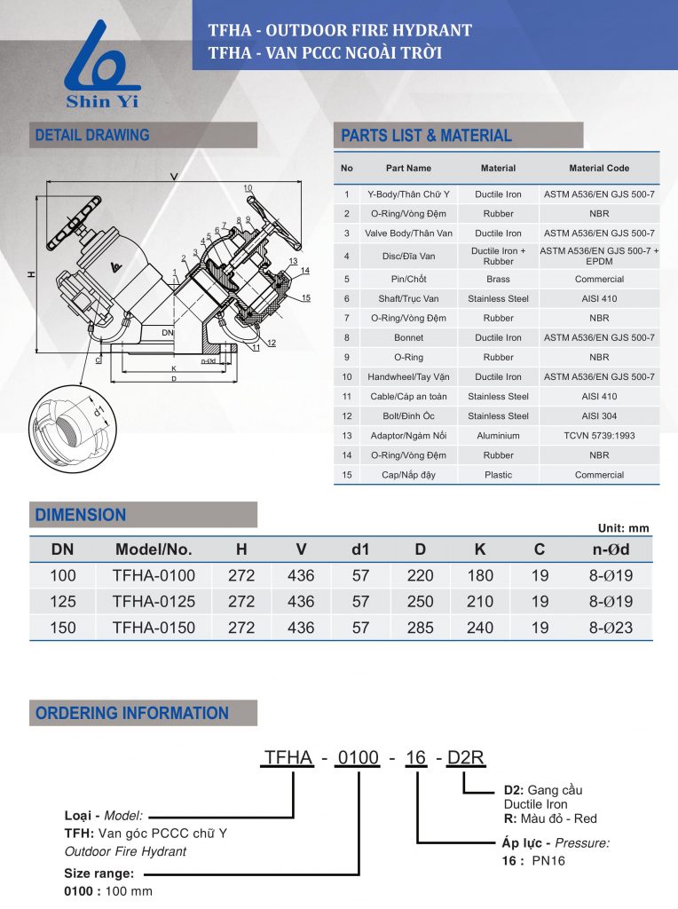 Thông số kỹ thuật van PCCC ngoài trời ShinYi