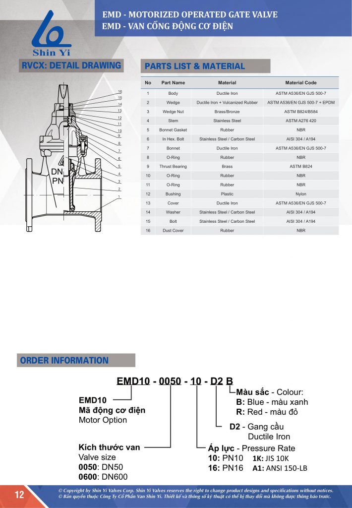 Thông số kỹ thuật van động cơ điện