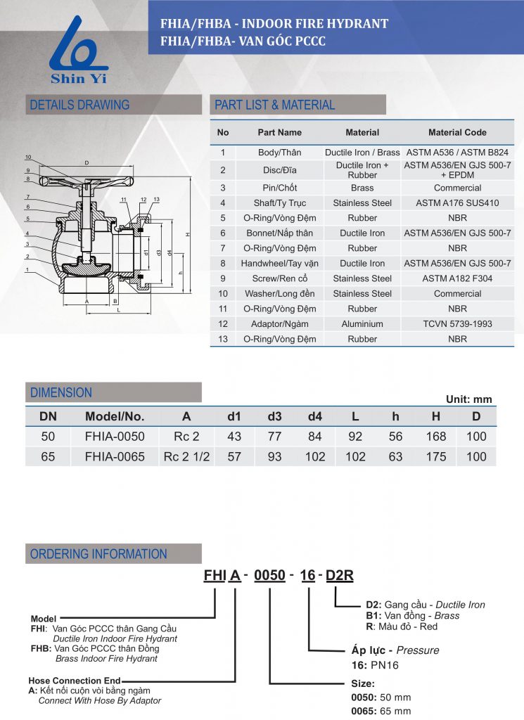 Thông số kỹ thuật van góc PCCC ShinYi