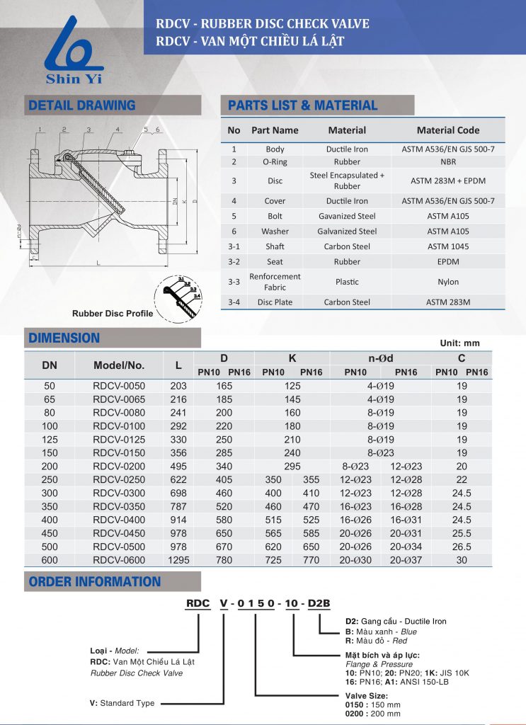 Thông số kỹ thuật van một chiều lá lật ShinYi