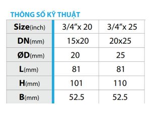 Thông số kỹ thuật van góc đồng liên hợp tay khóa